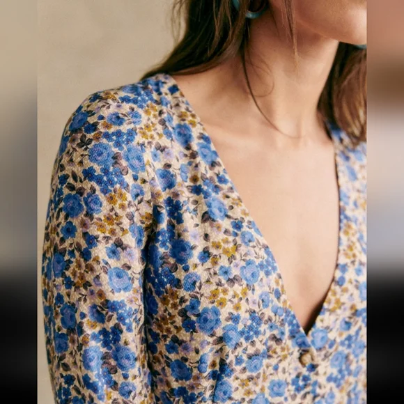 Sezane Victoriana Blue and Brown Floral Midi Dress - Picture 3 of 6